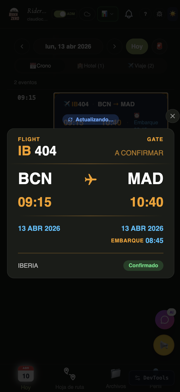 RiderZero en móvil — detalle de vuelo